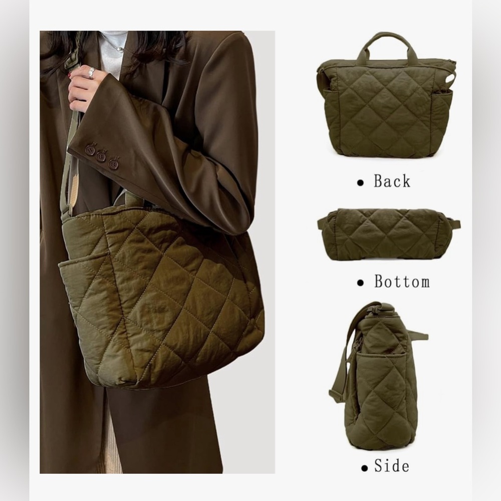 Quilted Olive Green Tote Bag - Lightweight Shoulder & Hand Carry - Picture 3 of 6